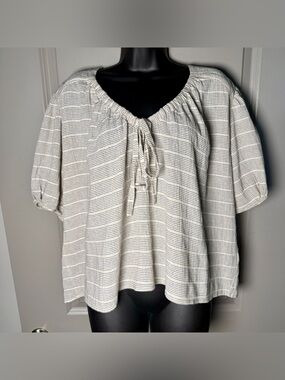 Amente Los Angeles Peasant Blouse M/L Ivory Grey Stripe Cotton Linen Tie Neck